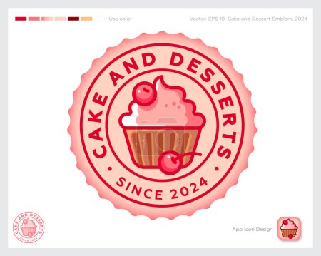 Illustration for Cake and Desserts emblem. Identity. Text and Chocolate cupcake with cherries in a wavy circle. Identity. App button. - Royalty Free Image