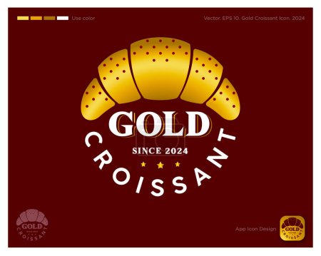Gold Croissant emblem. Identity. Text  and gold croissant into a circle. Identity. App button.