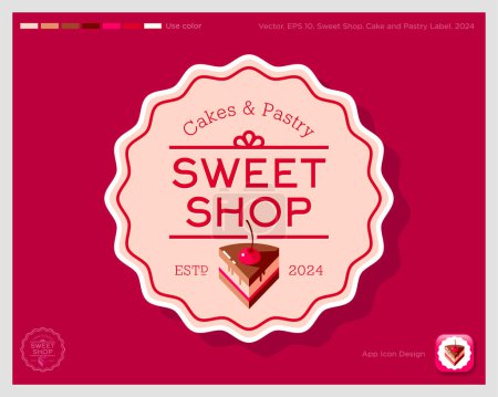 Illustration for Sweet Shop emblem. Identity. Text and piece of chocolate cake with cherry in wavy circle. Identity. App button. - Royalty Free Image