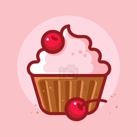 Illustration for Chocolate cupcake with cherries in a circle. Illustration of dessert. Identity. App button. - Royalty Free Image
