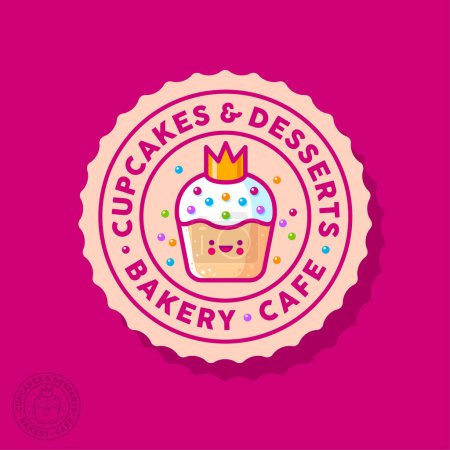 Cake and Desserts sign. Cafe emblem. Chocolate cupcake with sugar glaze, small candies and crown into wavy circle.