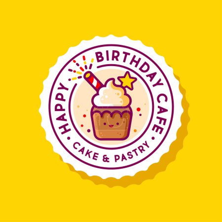 Illustration for Cake and Desserts sign. Cafe emblem. Chocolate cupcake with sugar glaze, small candies and crown into wavy circle. - Royalty Free Image