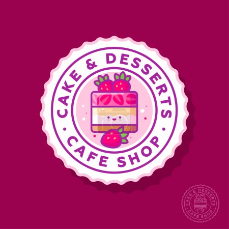 Illustration for Cake and Desserts sign. Cafe and Shop emblem. Dessert with jelly, souffle and strawberries into wavy circle. Kawaii emoji. Smiley face. - Royalty Free Image