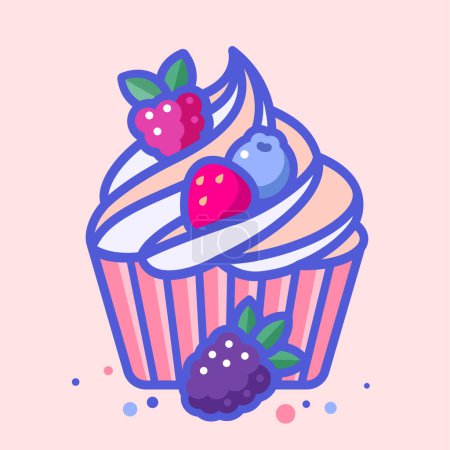 Illustration for Cupcake with cream topping and berry mix. Sweet food icon. Illustration of dessert. - Royalty Free Image