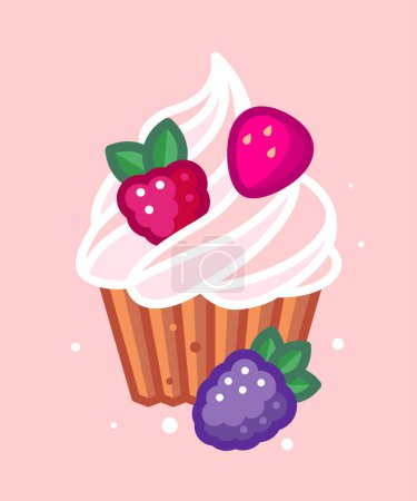 Illustration for Cupcake with cream topping and berry mix. Sweet food icon. Illustration of dessert. - Royalty Free Image