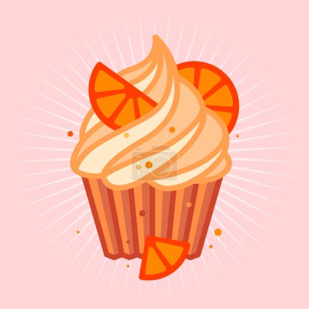 Illustration for Chocolate cupcake with cream and slices of orange fruit. Sweet food icon. Illustration of dessert. - Royalty Free Image