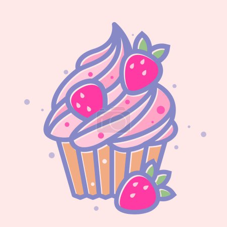 Illustration for Cupcake with cream topping and strawberries. Sweet food icon. Illustration of dessert. - Royalty Free Image