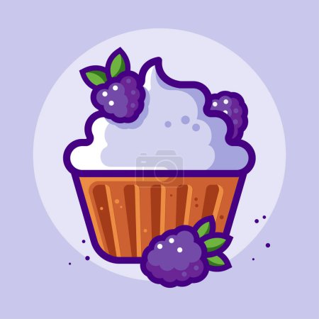 Illustration for Chocolate cupcake with cream and dewberries. Sweet food icon. Illustration of dessert. - Royalty Free Image