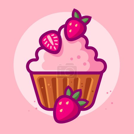 Illustration for Cupcake with cream and strawberries. Sweet food icon. Illustration of dessert. - Royalty Free Image