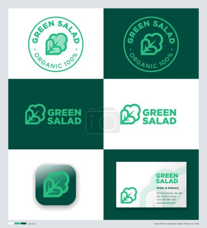 Green Salad logo. Green letters and leaf icon. Organic food emblem. Identity, app button, business card.