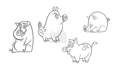 Téléchargez les illustrations : Coloriage facile de cochons mignons. Icône vecteur de feuille. Modèle de conception vectorielle pour enfants livre de coloriage - en licence libre de droit