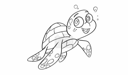 Illustration for Illustration of a little cartoon turtle cute baby sea turtle and smiles. Coloring page - Royalty Free Image