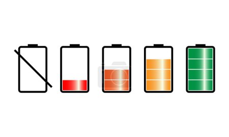 battery icon set, colored charge level indicator.