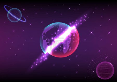 Illustration for Abstract Black Ground SpaceThe world split apart, a beautiful light appeared in the crack. Purple glow with glowing circles with planets with rings and stars on a gradient background. - Royalty Free Image