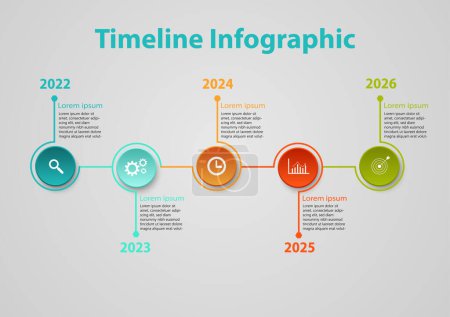 infografische Zeitleiste 5 Jahre mehrfarbige Kreise mit gebogenen Enden mit Sechsecken und Symbolen für Geschäftsplanung, Marketing, Wachstum auf grauem Hintergrund