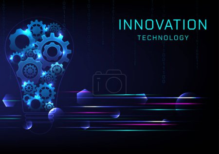 abstract background innovation light bulb technology There is an inner cog with a bright glow. multicolored neon lines circle and hexagon with binary numbers above blue gradient background