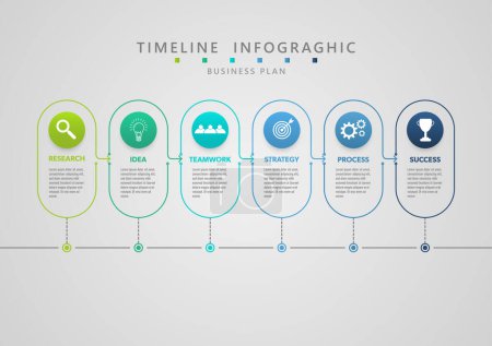 infografische Business Timeline Prozess zum Erfolg Linien dünne runde Rechtecke mit Pfeilen Kreise und gestrichelte Linien verschiedene Symbole grauen Farbverlauf Hintergrund