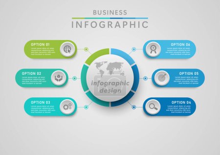 Illustration for Minimal infographic business planning six options circle world map Multi colored rounded squares and various icons on gray gradient background. Design for marketing, finance, finance, planning. - Royalty Free Image