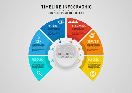 Illustration for Infographic business planning The circle is divided into 6 multi-colored pieces. The circle button in the center. There are various characters and icons. on a gray gradient background - Royalty Free Image