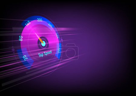 Ilustración de Resumen Antecedentes Tecnología perspectiva círculo Velocímetro superior rosa y azul con líneas de luz móvil púrpura sobre fondo degradado violeta y negro - Imagen libre de derechos