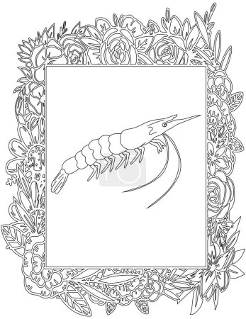 Shrimp in A Floral Frame Coloring Page. Printable Coloring Worksheet for Kids and Adults. Educational Resources for School.