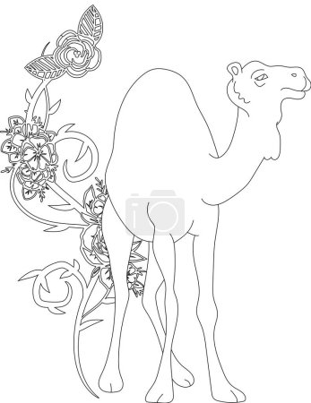 Camel on A Floral Vine Coloring Page. Printable Coloring Worksheet for Kids and Adults. Educational Resources for School.