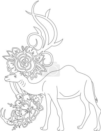 Camel on A Floral Vine Coloring Page. Printable Coloring Worksheet for Kids and Adults. Educational Resources for School.