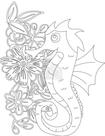 Seahorse on A Floral Vine Coloring Page. Printable Coloring Worksheet for Kids and Adults. Educational Resources for School.