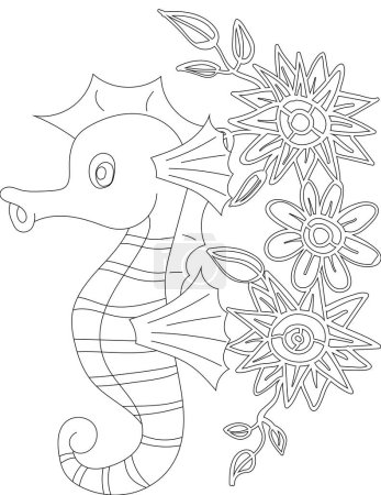 Seepferdchen auf einer Malseite mit Blumen der Rebe. Printable Malvorlagen für Kinder und Erwachsene. Bildungsmaterialien für die Schule.
