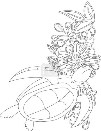 Sea Turtle on A Floral Vine Coloring Page. Printable Coloring Worksheet for Kids and Adults. Educational Resources for School.