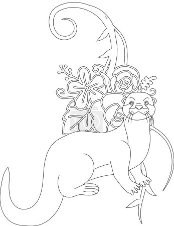 Otter on A Floral Vine Coloring Page. Printable Coloring Worksheet for Kids and Adults. Educational Resources for School.