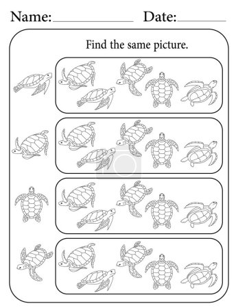 Puzzle de tortuga marina. Hoja de trabajo para actividades para niños imprimibles. Recursos educativos para la escuela. Encontrar el mismo objeto.