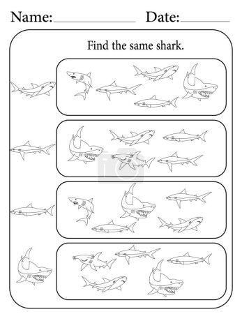 Puzzle de tiburones. Hoja de trabajo para actividades para niños imprimibles. Recursos educativos para la escuela. Encontrar el mismo objeto.