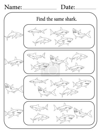 Shark Puzzle. Printable Kids Activity Worksheet. Educational Resources for School. Find the Same Object.