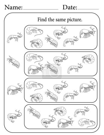 Shrimp Puzzle. Printable Kids Activity Worksheet. Educational Resources for School. Find the Same Object.