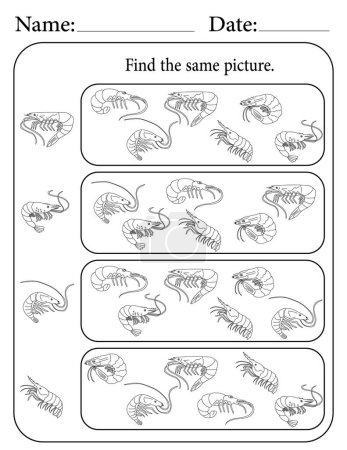 Shrimp Puzzle. Printable Kids Activity Worksheet. Educational Resources for School. Find the Same Object.