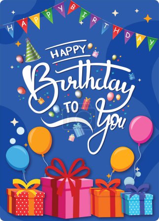 Ilustración de Feliz cumpleaños tipografía vector de diseño para tarjetas de felicitación y póster con globo, confeti y caja de regalo, plantilla de diseño para la celebración del cumpleaños. - Imagen libre de derechos