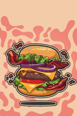 Téléchargez les illustrations : Plongez dans les saveurs classiques de ce burger de bœuf illustré dans les détails vibrants. Patty de boeuf juteux en couches avec du fromage cheddar fondu, du bacon croustillant, des oignons grillés, de la laitue fraîche et des tomates mûres, le tout pris en sandwich entre des pains à hamburger mous. C'est l'heure. - en licence libre de droit