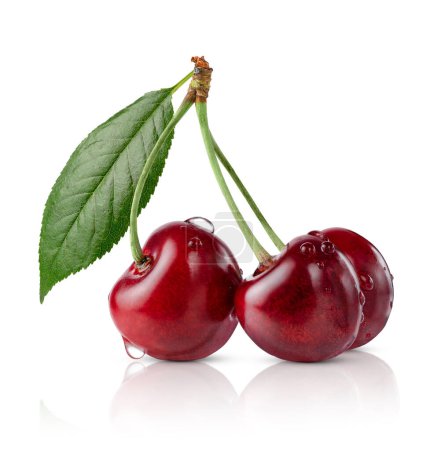 Three cherries with leaf. Clipping path, isolated on white background. 