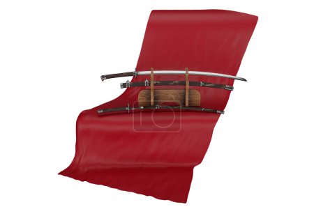 Photo for Stand with katanas on wooden stand on red cloth isolated on white background - Royalty Free Image