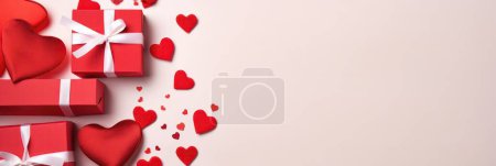 Photo for Valentine's day background with gift boxes and red hearts on white background top view. Flat lay card from homemade decoration, Valentine's day, Mother day, wedding and anniversary concept - Royalty Free Image
