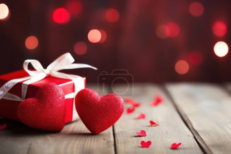 Photo for Red hearts on wooden bright background with gift box and decorated blurred lights for valentines day concept, greeting, anniversary, copy space card - Royalty Free Image