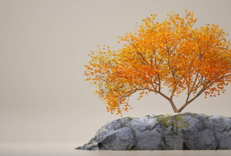 Autumn tree and rock isolated on blue background. Minimal concept with copy space. 3d rendering. 3d illustration