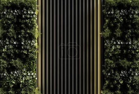 Interior design, 3d rendering of a modern wall seamless pattern with vertical black slats and vertical garden for product display, logo mockup, etc.