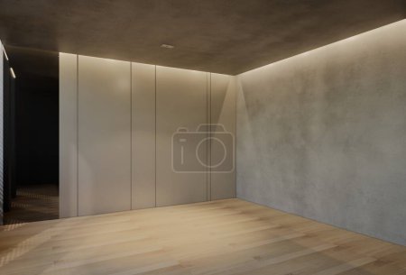 Foto de Moderna habitación vacía de diseño interior contemporáneo, con tonos naturales en la habitación, paredes, suelo y techo. Ilustración de representación 3d - Imagen libre de derechos