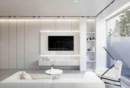 Foto de Animación mínima interior de la sala de estar con un tono base blanco. Renderizado de ilustración 3D - Imagen libre de derechos