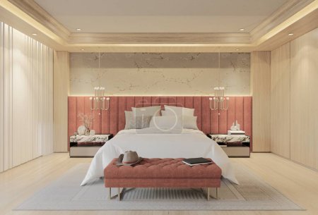 Chambre de luxe moderne avec couleur abricot. Expéditeur d'illustration 3D