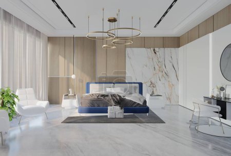 Chambre de luxe moderne avec couleur bleu océan. Expéditeur d'illustration 3D