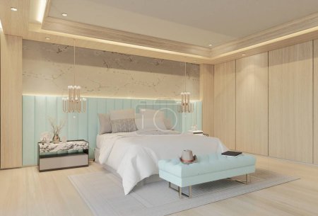 Modernes Luxus-Schlafzimmer mit puderblauer Farbe. 3D Illustration Render
