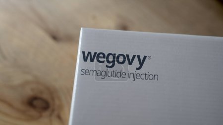Photo for The logo of Wegovy semaglutide injection on a box. - Royalty Free Image